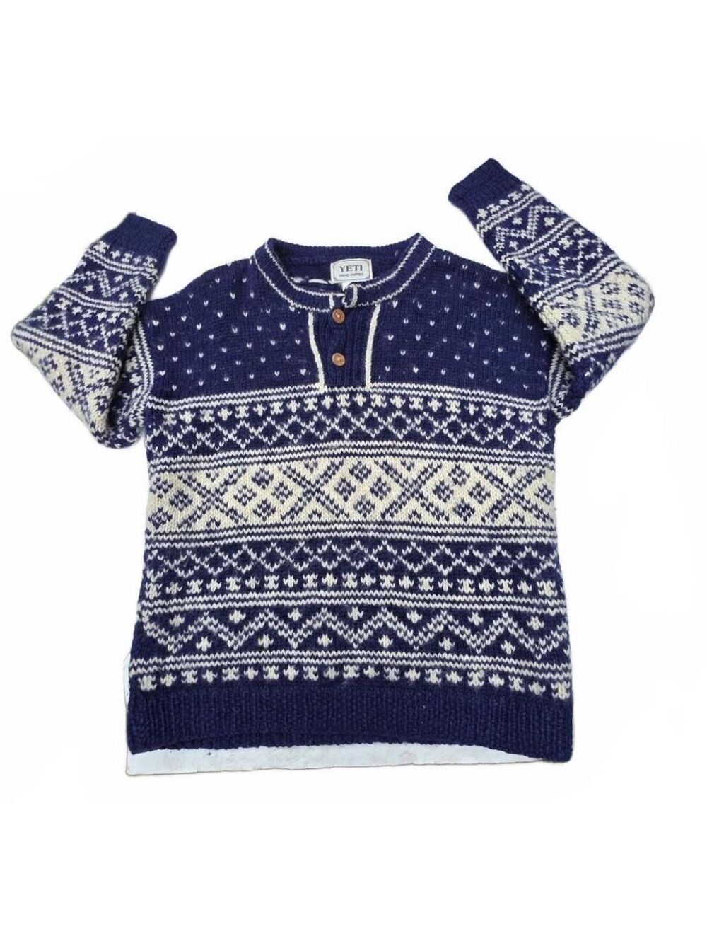 VTG Yeti Hand Knitted 100% Wool Chunky Sweater Medium Blue Nordic Fair Isle M